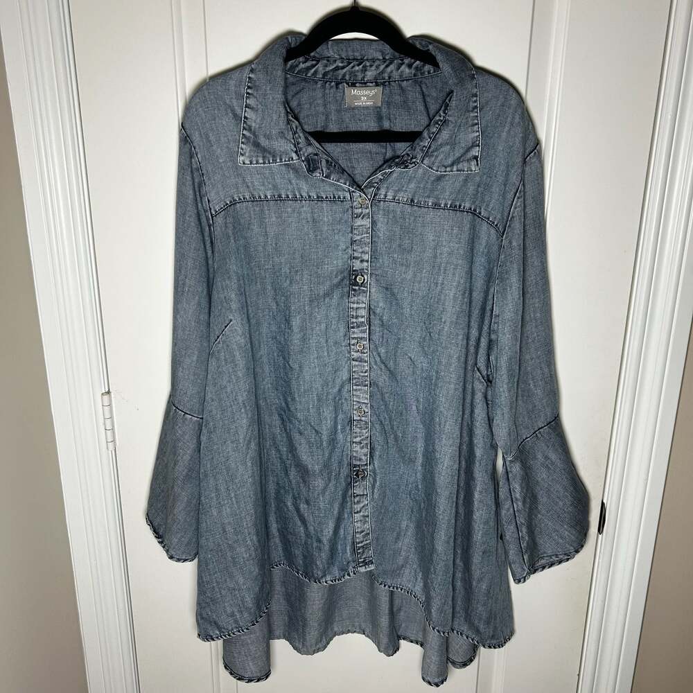 Masseys Light Wash Tencel Button Down Tunic Shirt
